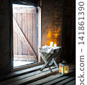 Manger in the barn. Christmas background 141861390