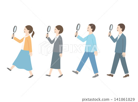 A set of illustrations of a man and a woman holding a magnifying glass. A set of illustrations of a man and a woman holding a magnifying glass. 141861829
