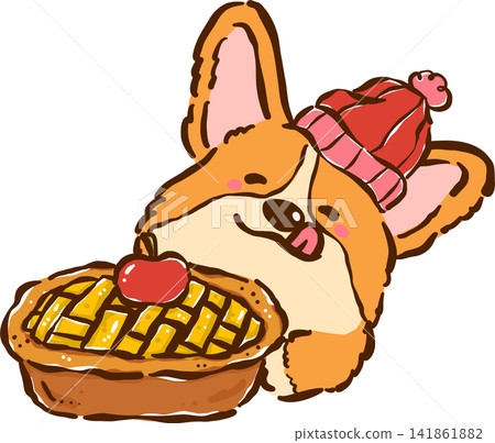 Happy Cozy Corgi Autumn with Apple Pie Cartoon Character Cute Kawaii Hand Drawn Fall Illustration 141861882