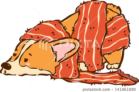 Sleepy Cozy Corgi Autumn Wrapped in a Cozy Scarf Cartoon Character Cute Kawaii Hand Drawn Fall Illustration 141861890
