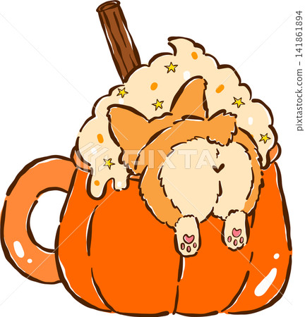 Happy Cozy Corgi Autumn in Pumpkin Spice Latte Cartoon Character Cute Kawaii Hand Drawn Fall Illustration Happy Cozy Corgi Autumn in Pumpkin Spice Latte Cartoon Character Cute Kawaii Hand Drawn Fall Illustration 141861894