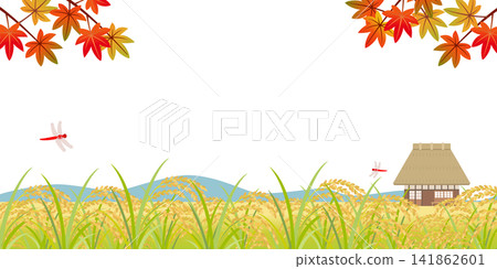Illustration of golden rice stalks in autumn and a rural landscape 01 141862601
