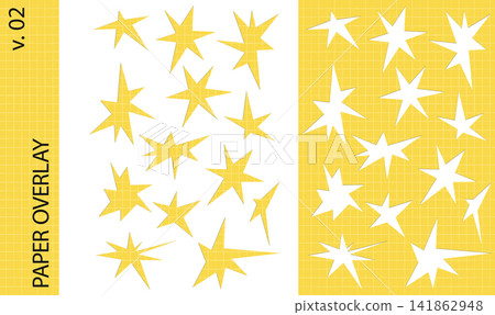 Yellow irregular stars paper cutout frame and overlay. Funky confetti cut out of graph paper. Playful trendy social media post design and scrapbook. Vector illustration isolated on transparent bg Yellow irregular stars paper cutout frame and overlay. Funky confetti cut out of graph paper. Playful trendy social media post design and scrapbook. Vector illustration isolated on transparent bg 141862948