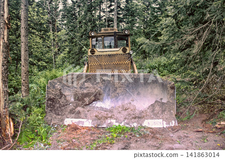 Bulldozer clears site for construction in forest Bulldozer clears site for construction in forest 141863014