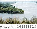 Panoramic summer landscape of the Kama River, with meadows and green trees on the bank. 141863318