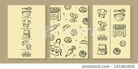 bakery minimalistic posters set flat vector illustration cooking food design 141863608