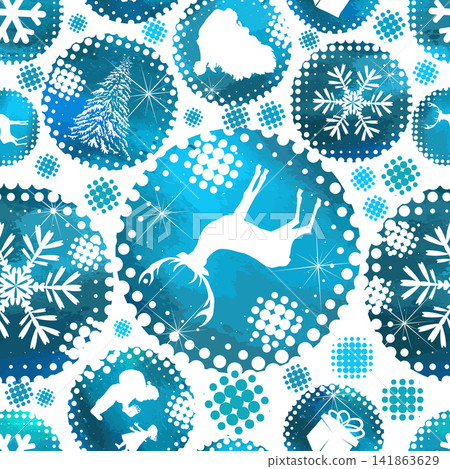 Seamless Christmas background with snowflakes and deer, branches and deer. Not AI. Vector illustration Seamless Christmas background with snowflakes and deer, branches and deer. Not AI. Vector illustration 141863629