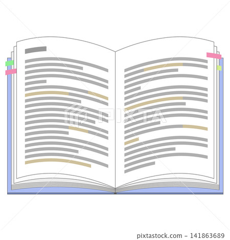 An illustration of a book or textbook with sticky notes and highlighter marks on a two-page spread. An illustration of a book or textbook with sticky notes and highlighter marks on a two-page spread. 141863689