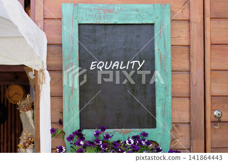 A chalkboard with the word equality written in white is seen on a wooden wall. Purple flowers are placed at the bottom, and the scene is bright and sunny A chalkboard with the word equality written in white is seen on a wooden wall. Purple flowers are placed at the bottom, and the scene is bright and sunny 141864443