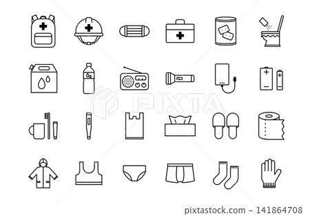 Icon set for disaster preparedness supplies and emergency kits. Icon set for disaster preparedness supplies and emergency kits. 141864708
