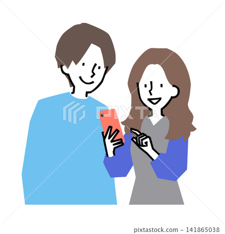 An illustration of a young man and woman looking at a smartphone together. An illustration of a young man and woman looking at a smartphone together. 141865038