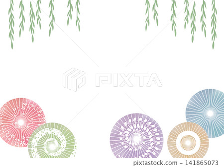 Colorful Japanese umbrella and willow illustration frame Colorful Japanese umbrella and willow illustration frame 141865073