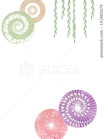 Colorful Japanese umbrella and willow illustration frame 141865074