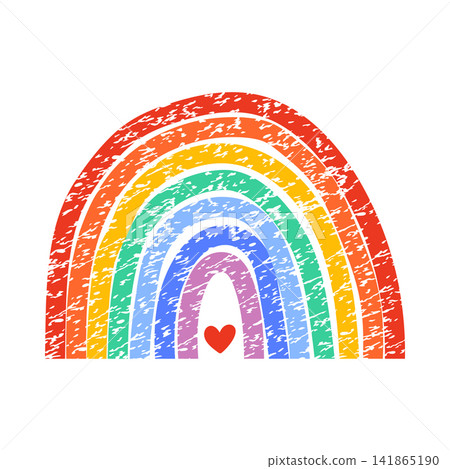 Sketch pastel rainbow and trendy illustration draw with kid children color. Crayon isolated cute and chalk childlike decoration with brush curve child. Sticker pencil stripe and line fun symbol. 141865190
