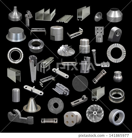Industrial Metal Parts with Multiple Mechanical Components isolated on black background Industrial Metal Parts with Multiple Mechanical Components isolated on black background 141865977