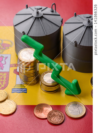 Liquefied gas storage tanks set against the Spanish flag, as a background for your design Liquefied gas storage tanks set against the Spanish flag, as a background for your design 141866326