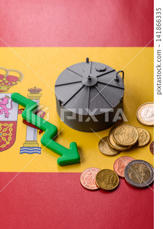Liquefied gas storage tanks set against the Spanish flag, as a background for your design Liquefied gas storage tanks set against the Spanish flag, as a background for your design 141866335