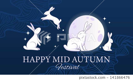 Mid-Autumn Festival illustration showing white rabbits gathered around a glowing full moon with botanical patterns against a dark blue night background. Ideal for banners, posters, holiday graphics. Mid-Autumn Festival illustration showing white rabbits gathered around a glowing full moon with botanical patterns against a dark blue night background. Ideal for banners, posters, holiday graphics. 141866476