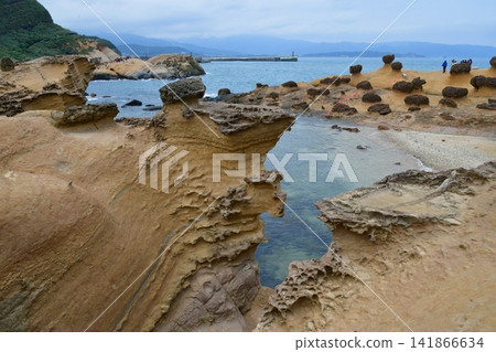 Taiwan, New Taipei City, Yehliu Geopark, coastline lined with strangely shaped rocks and boulders, Mushroom Rock 141866634