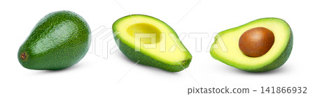 Fresh avocados set isolated. Whole green fuerte avocado, cut in a half of avocado with seed and slice without seed collection isolated. Fresh avocados set isolated. Whole green fuerte avocado, cut in a half of avocado with seed and slice without seed collection isolated. 141866932