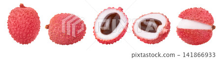 Organic whole lychees, half of lychee with seed and peeled open lychee isolated. Without shadows. 141866933