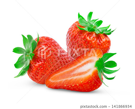 Isolated strawberries. Cut of strawberry fruit and ripe berry isolated on white background Isolated strawberries. Cut of strawberry fruit and ripe berry isolated on white background 141866934