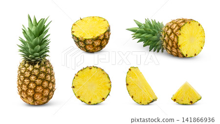 Pineapples isolated collection. Whole juicy pineapple, half of ananas, slice of pineapple isolated set. Pineapples isolated collection. Whole juicy pineapple, half of ananas, slice of pineapple isolated set. 141866936