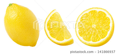 Collection of lemon fruits without shadow isolated. Whole juicy lemon, half of lemon fruit and sliced section of lemon isolated. Collection of lemon fruits without shadow isolated. Whole juicy lemon, half of lemon fruit and sliced section of lemon isolated. 141866937