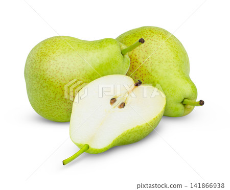 Two green organic pears and cut of pear isolated. Ripe juicy green yellow pear and half of pear, clipping path. Two green organic pears and cut of pear isolated. Ripe juicy green yellow pear and half of pear, clipping path. 141866938