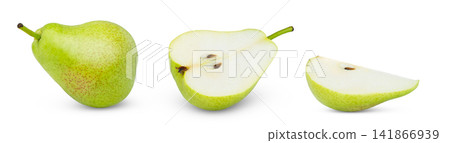 Isolated pears. Whole green pear, pear half and wedge of pear isolate set. Isolated pears. Whole green pear, pear half and wedge of pear isolate set. 141866939