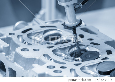 Automotive parts assembly process by automatic robotic arm system in light blue tone lighting Automotive parts assembly process by automatic robotic arm system in light blue tone lighting 141867007