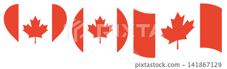 Collection of Canada flags isolated. Flag of Canada in heart shape. Waving flag of Canada and round flag of Canada isolated. 141867129