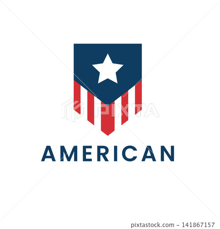 Modern, minimalist vector logo design featuring an American-style shield, star, and stripes, perfect for patriotic security, sports brands, civic organizations, and modern graphic design aesthetics. Modern, minimalist vector logo design featuring an American-style shield, star, and stripes, perfect for patriotic security, sports brands, civic organizations, and modern graphic design aesthetics. 141867157