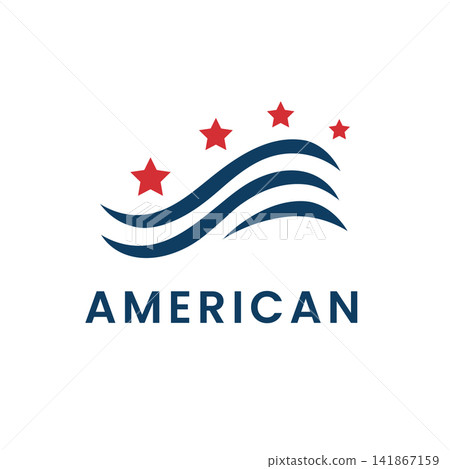 Modern, minimalist vector logo design featuring an American-style wave, stars, and stripes, perfect for patriotic sports brands, travel organizations, civic groups, and modern graphic design Modern, minimalist vector logo design featuring an American-style wave, stars, and stripes, perfect for patriotic sports brands, travel organizations, civic groups, and modern graphic design 141867159