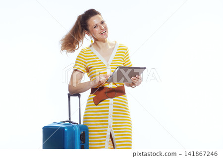 Cheerful Traveler Ready for Summer Holiday with Tablet Cheerful Traveler Ready for Summer Holiday with Tablet 141867246