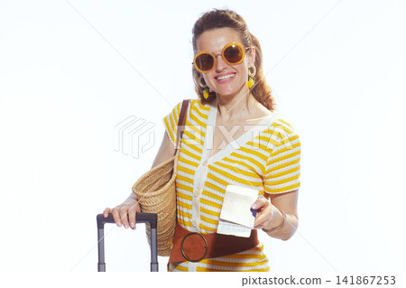 Cheerful Woman Preparing for Summer Trip Cheerful Woman Preparing for Summer Trip 141867253