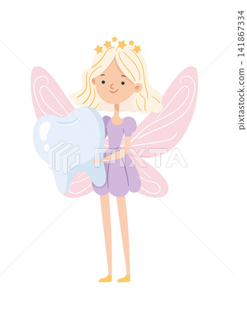 Cute tooth fairy holding a shiny tooth with pink wings and purple dress. Flat vector illustration isolated on white background for dentistry, pediatric dental care. Cute tooth fairy holding a shiny tooth with pink wings and purple dress. Flat vector illustration isolated on white background for dentistry, pediatric dental care. 141867334