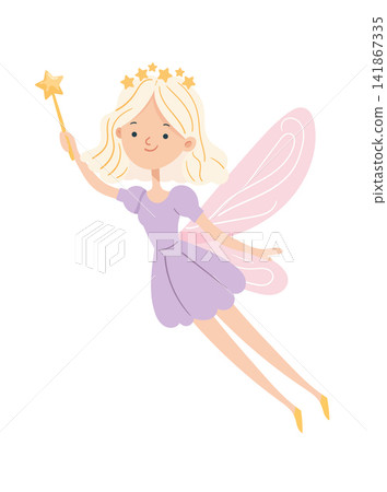 Cute flying tooth fairy with magic wand, pink wings and purple dress. Flat vector illustration isolated on white background for dental care, fantasy themes. Cute flying tooth fairy with magic wand, pink wings and purple dress. Flat vector illustration isolated on white background for dental care, fantasy themes. 141867335