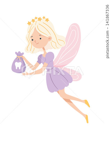 Cute flying tooth fairy carrying a tooth pouch with pink wings and purple dress. Flat vector illustration isolated on white background for dentistry and kids. Cute flying tooth fairy carrying a tooth pouch with pink wings and purple dress. Flat vector illustration isolated on white background for dentistry and kids. 141867336