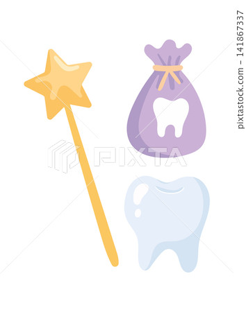 Magic wand, tooth reward pouch and shiny tooth icon set in flat vector style. Cute dental fairy accessories isolated on white for pediatric dentistry themes. Magic wand, tooth reward pouch and shiny tooth icon set in flat vector style. Cute dental fairy accessories isolated on white for pediatric dentistry themes. 141867337