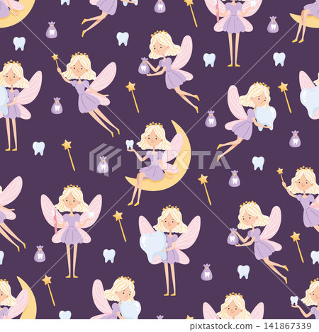 Cute seamless pattern featuring the Tooth Fairy, magical characters, teeth, magic wands, moons, and reward pouches. Flat vector background for children's and medical designs. Cute seamless pattern featuring the Tooth Fairy, magical characters, teeth, magic wands, moons, and reward pouches. Flat vector background for children's and medical designs. 141867339
