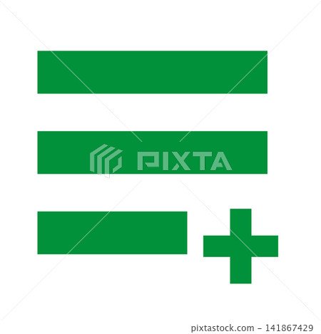 Adding to the row: Three green rows plus a plus sign cross. Adding to the row: Three green rows plus a plus sign cross. 141867429