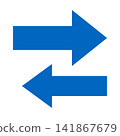 Currency exchange: Dark blue arrows pointing to the right and left. 141867679