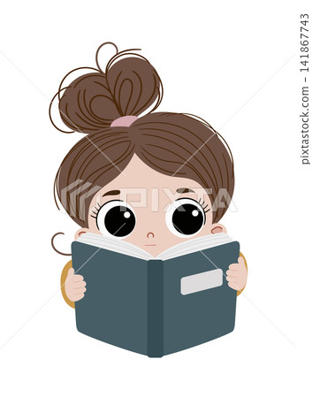 Cute little girl with big eyes reading a book in a flat cartoon style. Adorable child character illustration for education, learning, school, library and kids projects. Cute little girl with big eyes reading a book in a flat cartoon style. Adorable child character illustration for education, learning, school, library and kids projects. 141867743