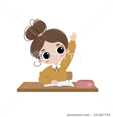 Cute little schoolgirl raising her hand while sitting at a classroom desk with an open book. Flat vector cartoon illustration for education, school and learning themes. Cute little schoolgirl raising her hand while sitting at a classroom desk with an open book. Flat vector cartoon illustration for education, school and learning themes. 141867744
