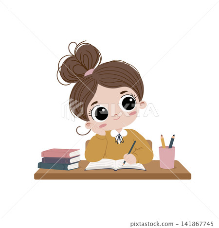 Cute little schoolgirl writing in a notebook at her classroom desk with books and pencils. Flat vector cartoon illustration for education, study and learning themes. 141867745