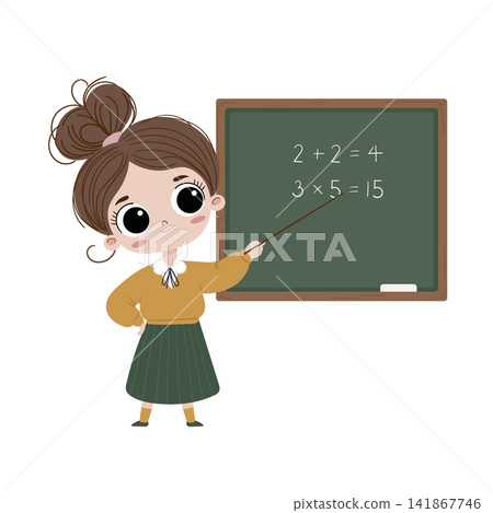 Cute little schoolgirl teaching math at a classroom chalkboard with simple equations. Flat vector cartoon illustration for education, learning, school and kids. Cute little schoolgirl teaching math at a classroom chalkboard with simple equations. Flat vector cartoon illustration for education, learning, school and kids. 141867746