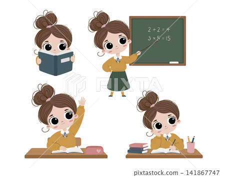 Cute schoolgirl collection in different learning poses including reading, studying, answering questions and teaching. Flat cartoon vector set for education and school projects. Cute schoolgirl collection in different learning poses including reading, studying, answering questions and teaching. Flat cartoon vector set for education and school projects. 141867747