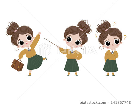 Cute schoolgirl character set with different emotions and poses including teaching, celebrating and thinking. Flat cartoon vector collection for education projects. Cute schoolgirl character set with different emotions and poses including teaching, celebrating and thinking. Flat cartoon vector collection for education projects. 141867748