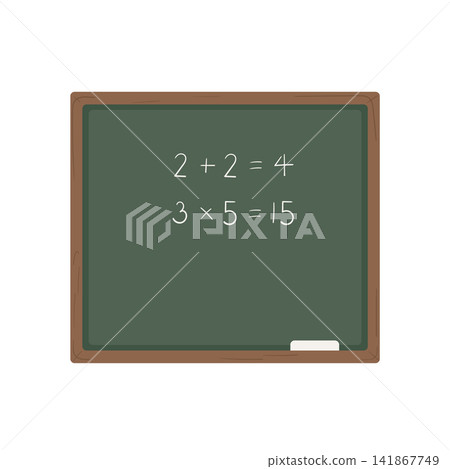 Simple classroom chalkboard with basic math equations in flat cartoon style. Educational blackboard vector illustration for school, learning, teaching and classroom designs. 141867749